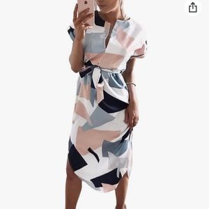 Woman Geometric Pattern Print Elasticated Design and Waist Tie Long Dress